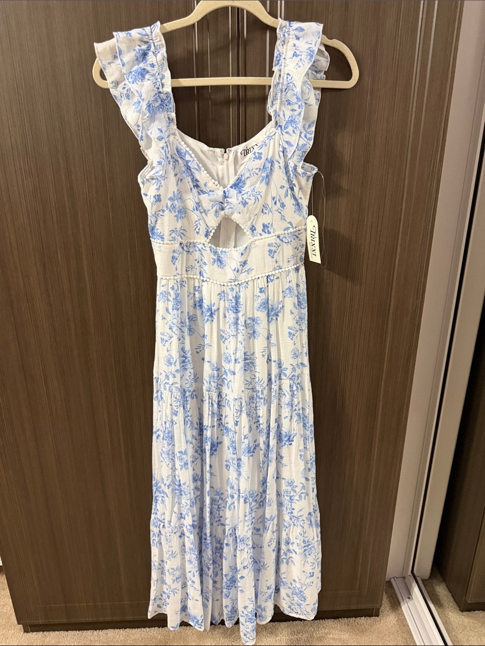 Trixxi White Maxi Dress with Blue Floral Print and Ruffle Straps